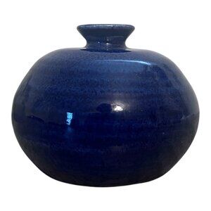 Vintage Cobalt Blue Glazed Pottery Vase Signed Leslie 88 Studio Pottery 3.5" X 3